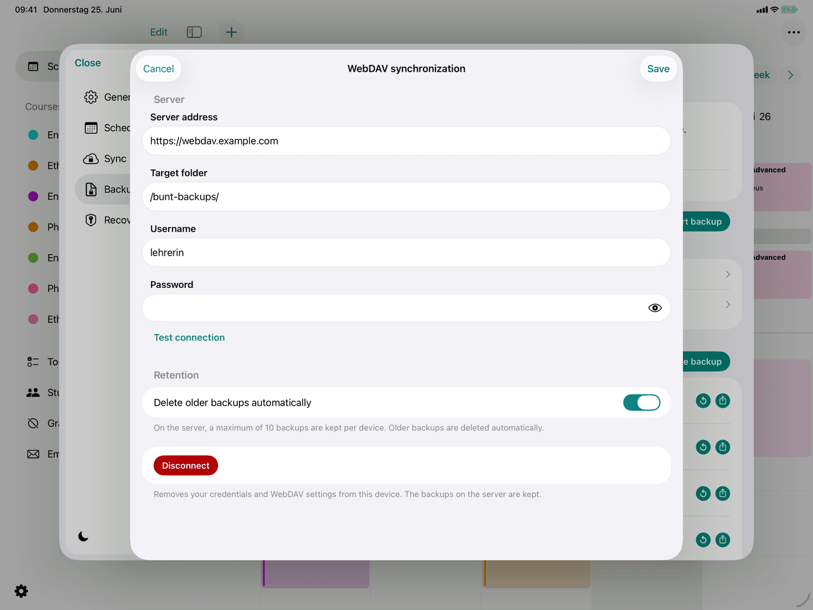 Input form for the WebDAV connection