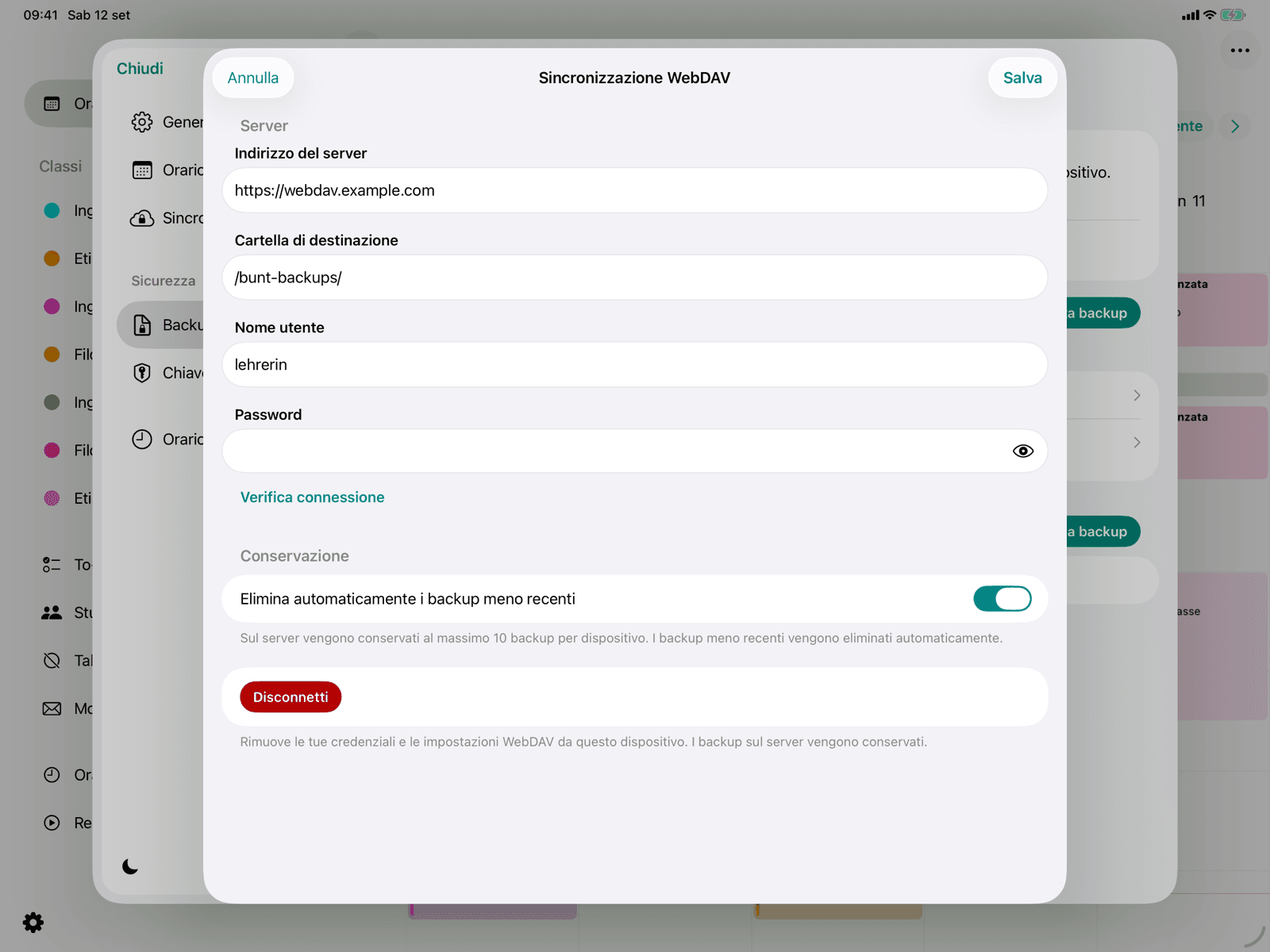 Modulo di inserimento per la connessione WebDAV