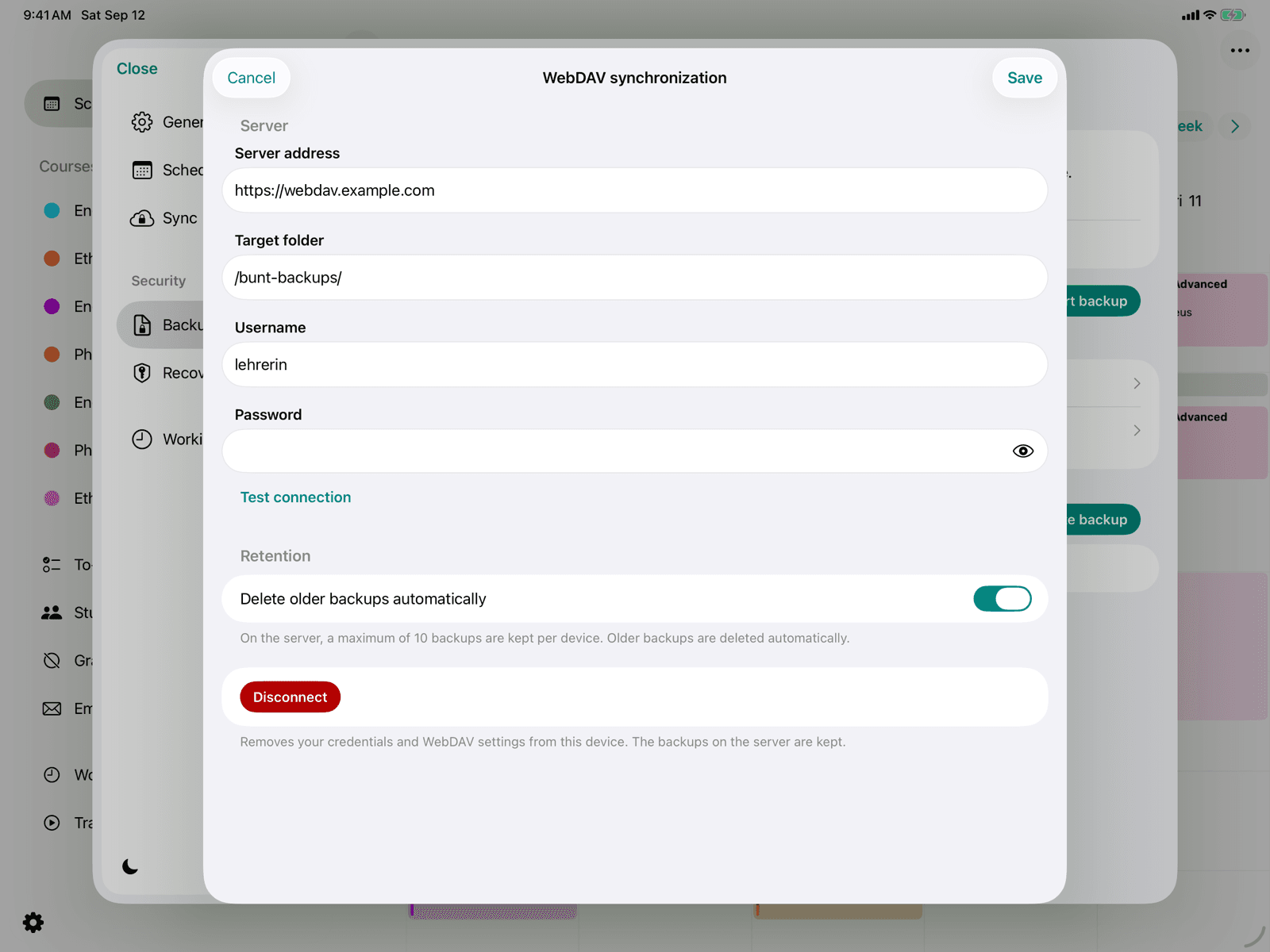 Input form for the WebDAV connection