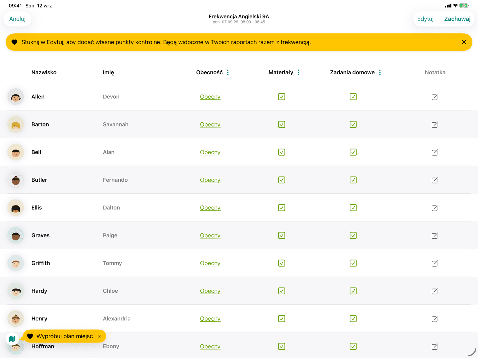 Lista frekwencji ze zdjęciami profilowymi