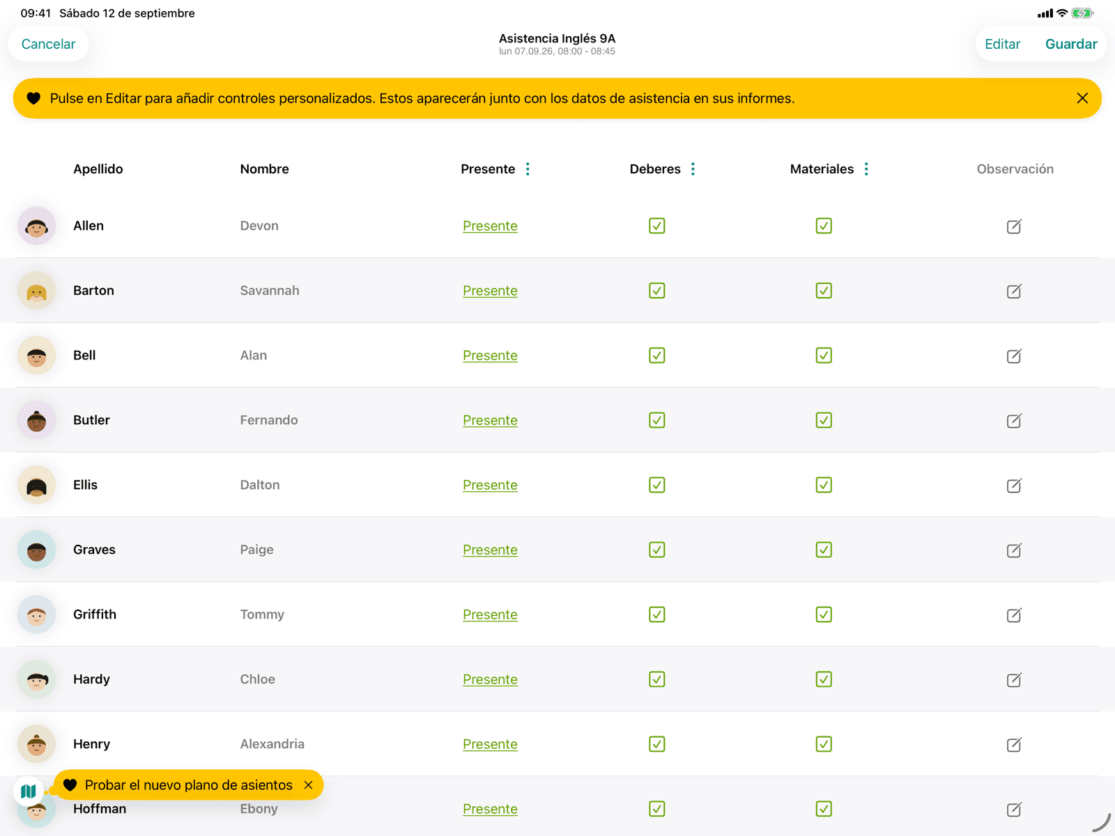 Lista de asistencias con fotos de perfil