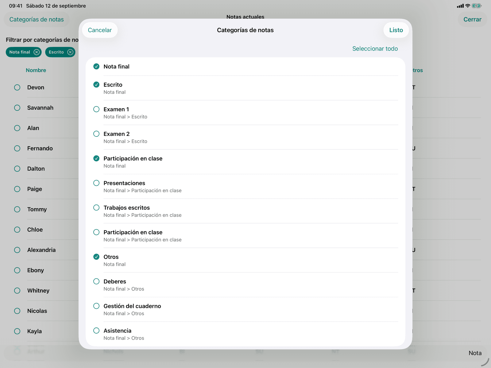 Filtro por categorías de notas