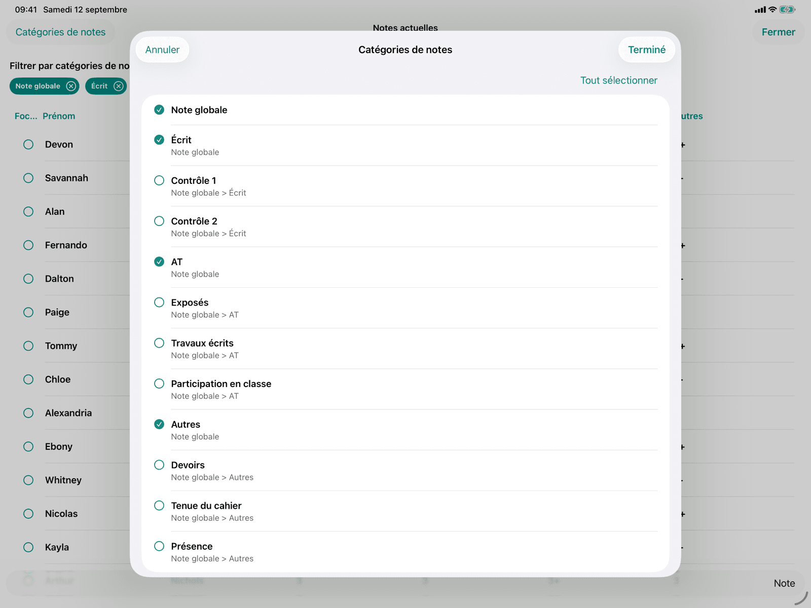 Filtre par catégories de notes