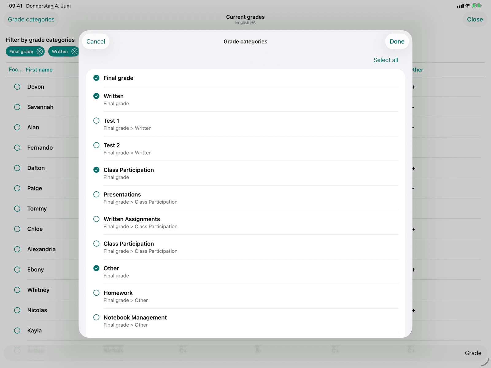 Filter by grade categories
