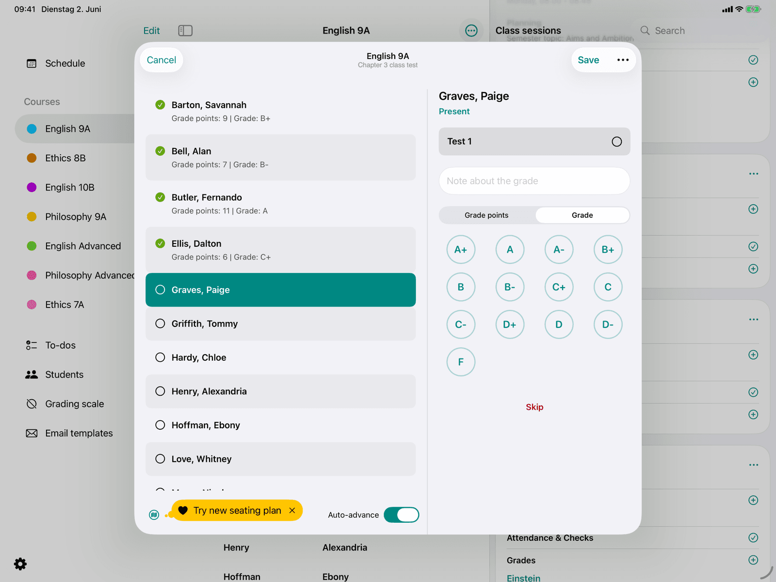 Grade scale keypad with student list