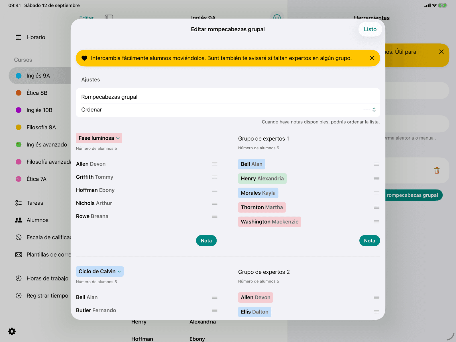 Grupos base y de expertas con arrastrar y soltar