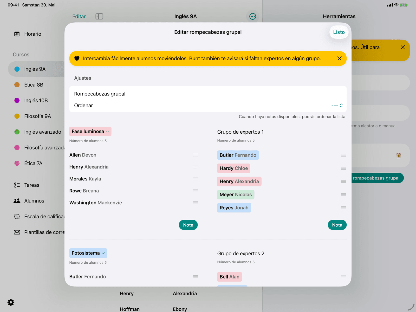 Grupos base y de expertas con arrastrar y soltar