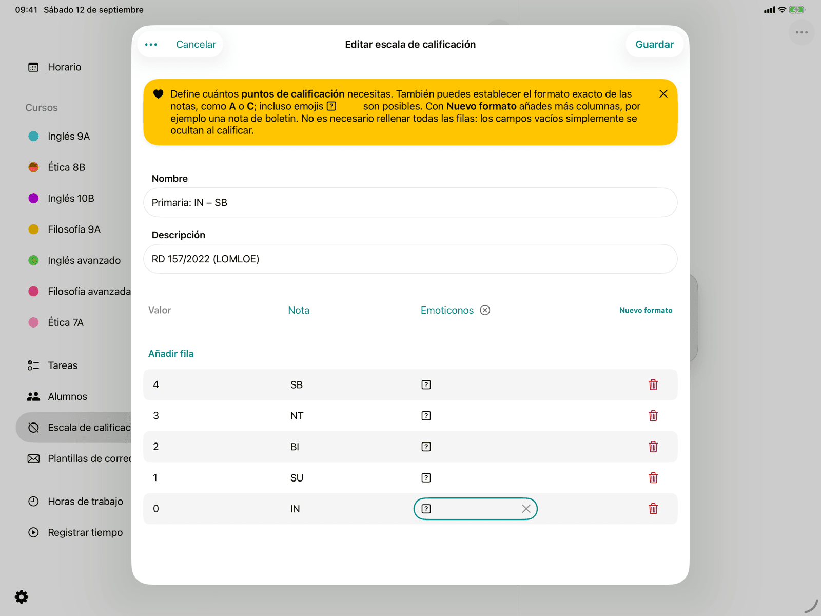 Editar la escala de notas base