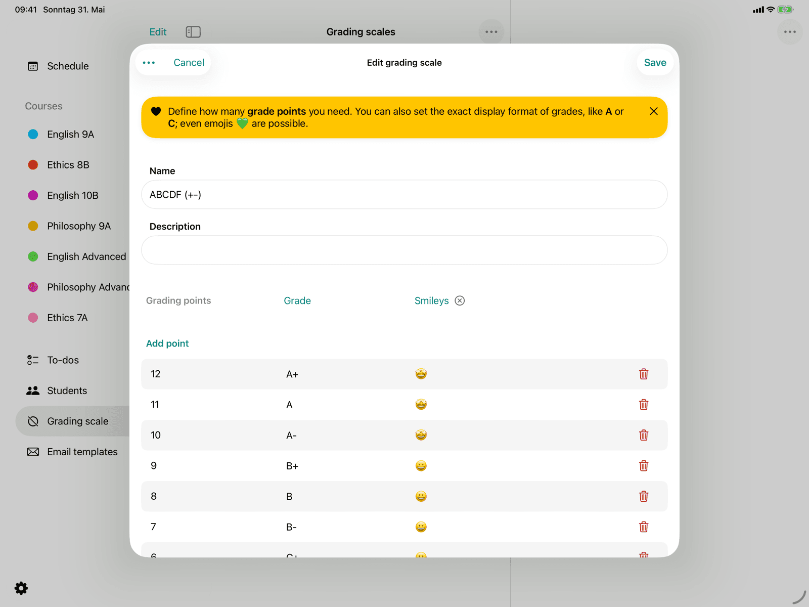Second representation column with smileys instead of letter grades