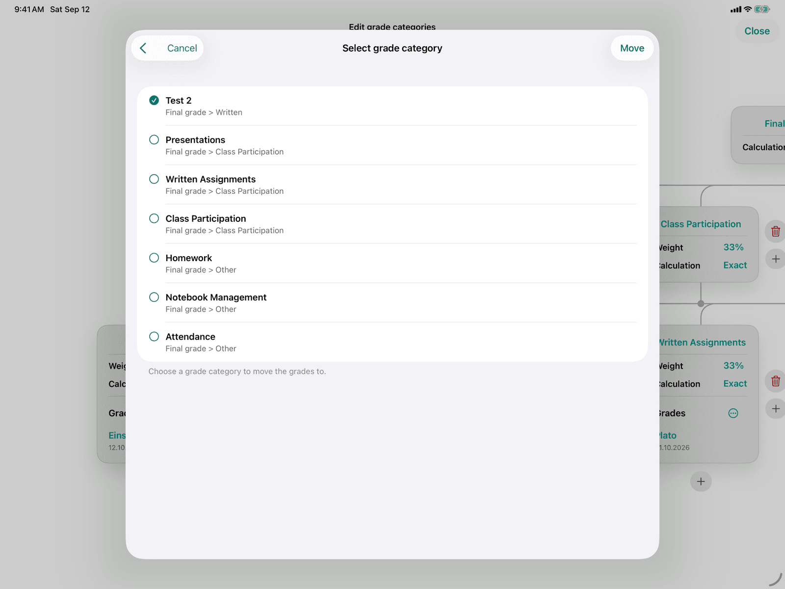 Selecting the target grade category