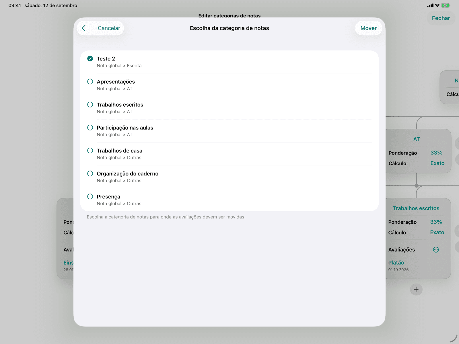 Escolha da categoria de notas de destino