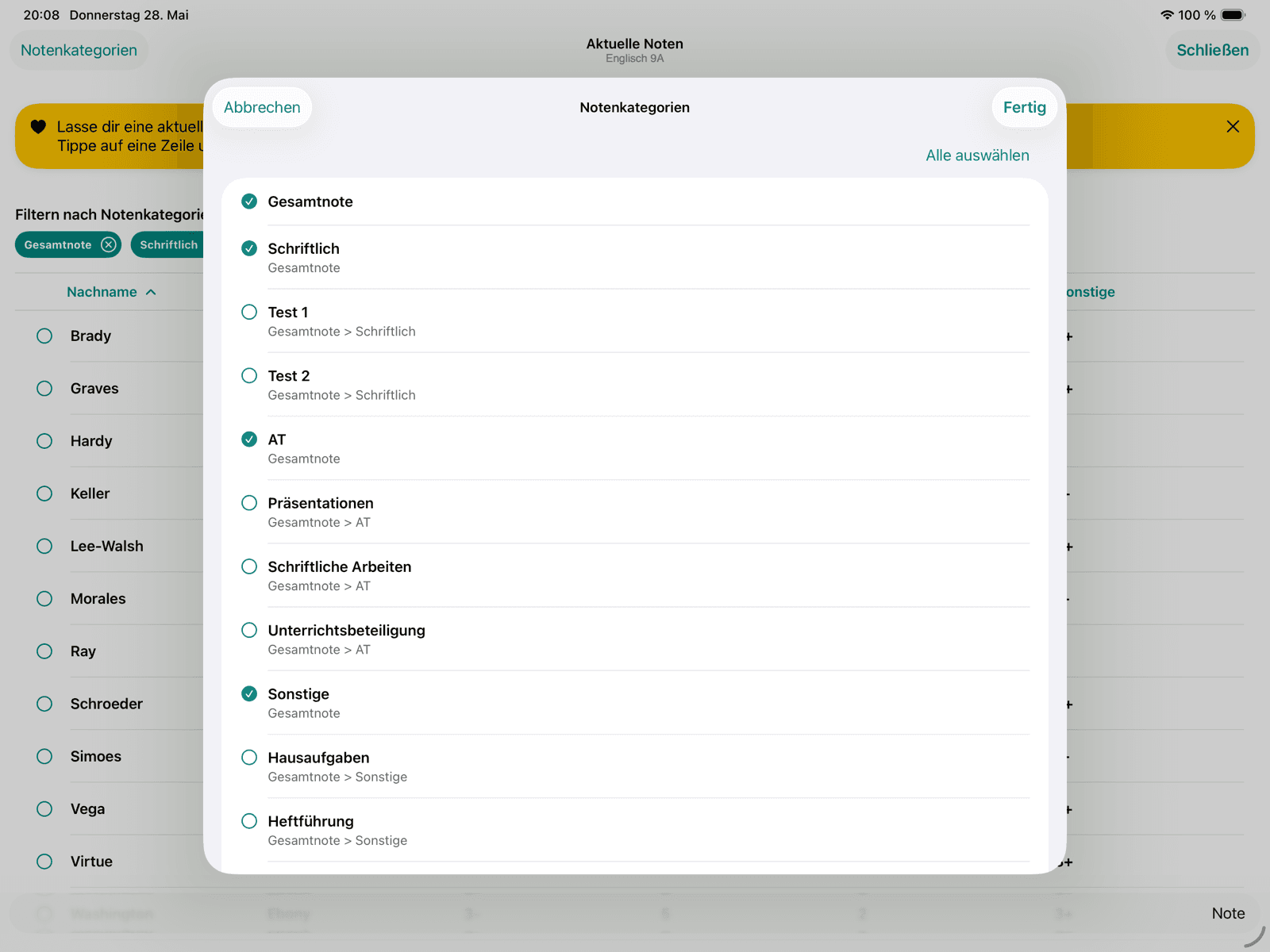 Filtro por categorías de notas