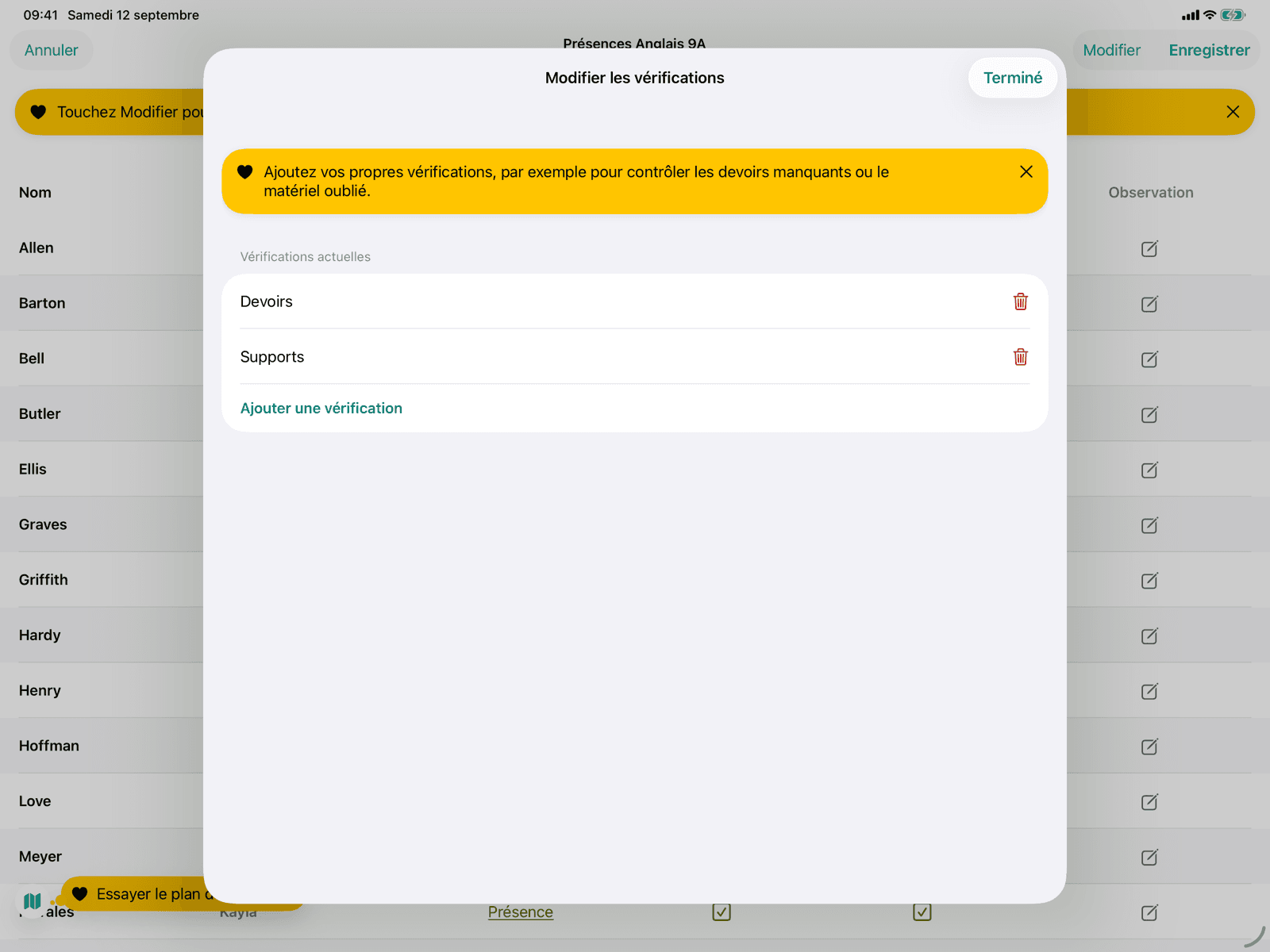Vérifications personnalisées dans les présences