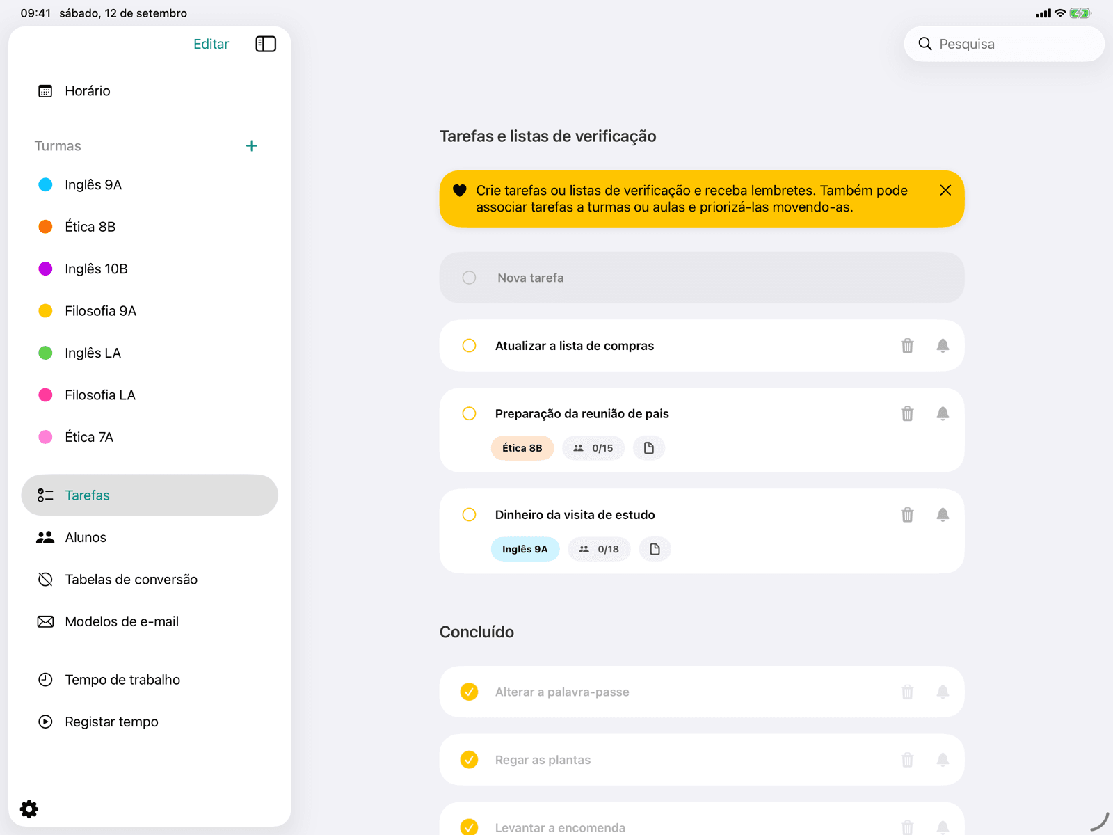 Tarefas e listas de verificação